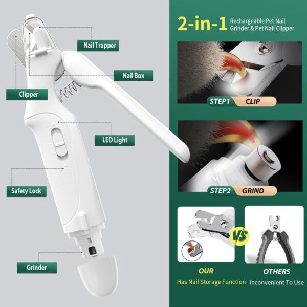 Multi functional nail grinder, dog nail trimmer and nail clipper kit, ultra quiet electric pet nail grinder, rechargeable, suitable for trimming the toes and claws of small and large dogs and cats, dual light - Image 4